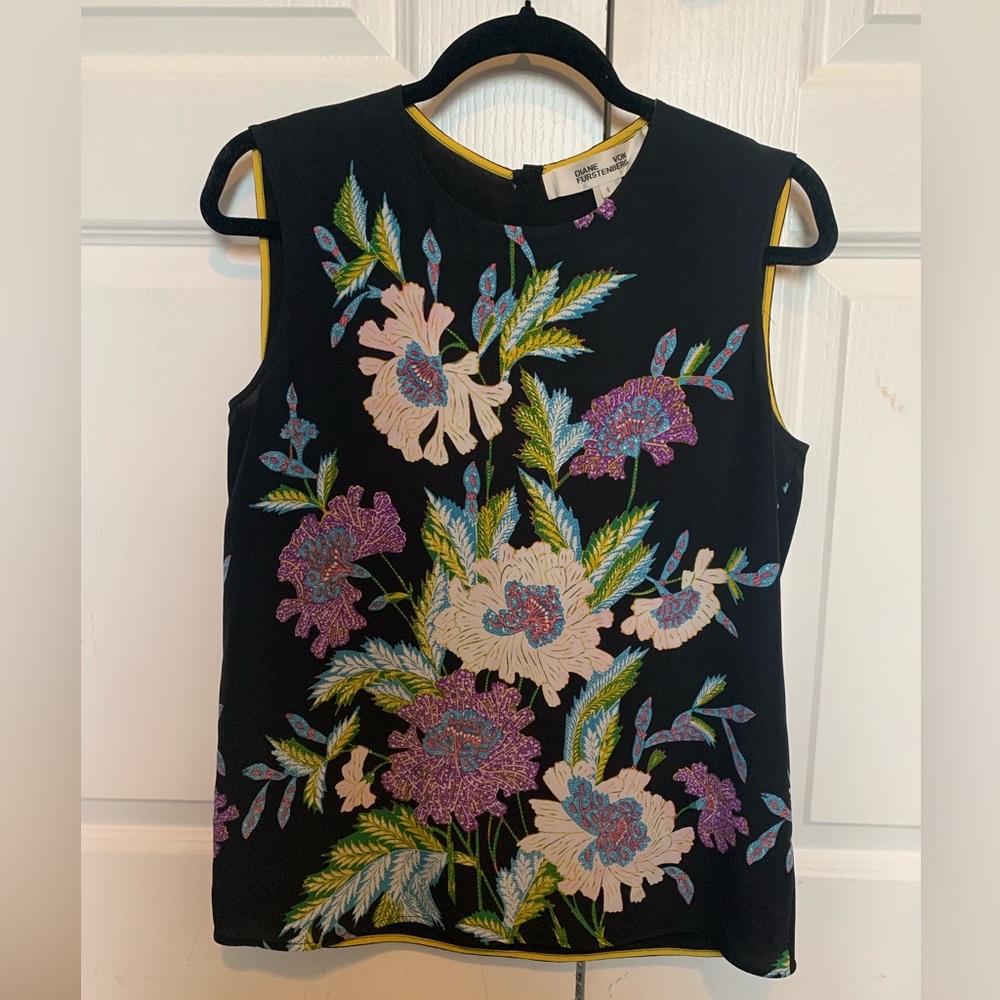 Silk Diane Von Furstenberg Purple Blue Black Floral Graphic Tank Top